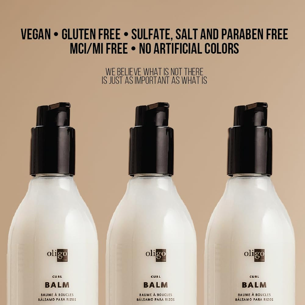 Oligo Professionnel Calura Curl Balm 8.5oz bottle on vanity for professional styling.
