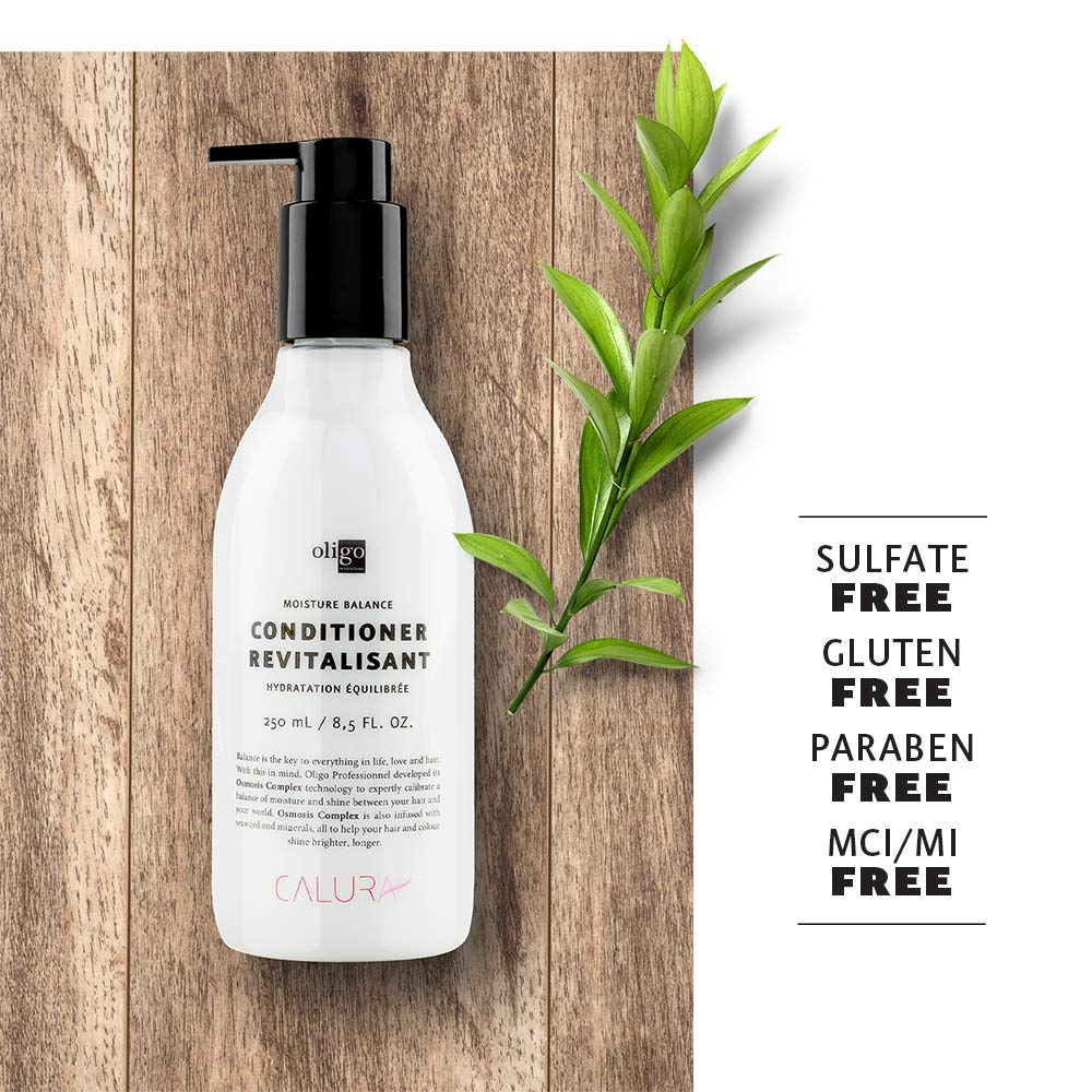 Oligo Professionnel Calura Moisture Balance vegan and sulfate-free label close-up.
