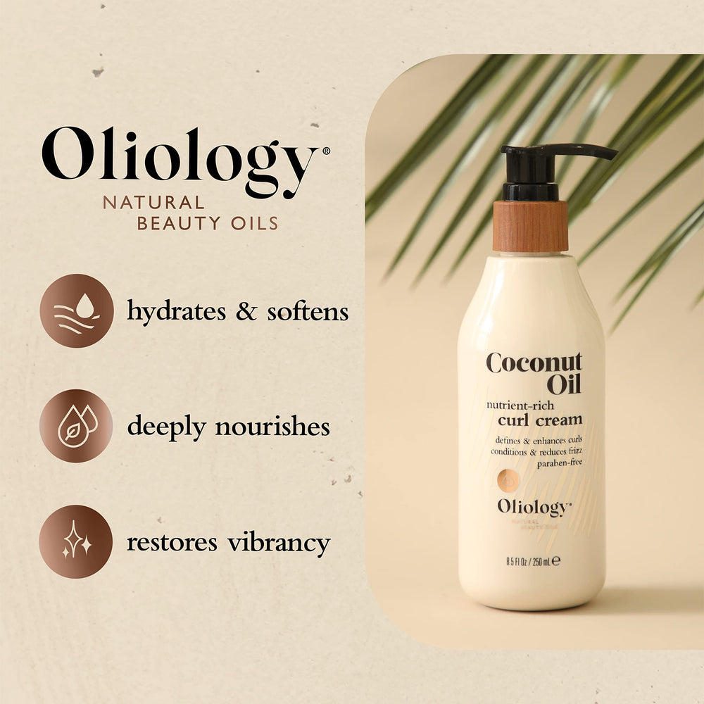 Oliology Coconut Oil Curl Cream applied to hair for detangling and smoothness.