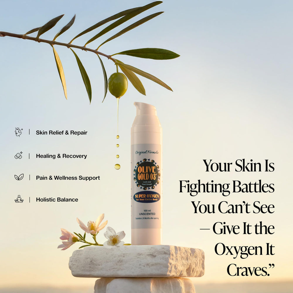 Olive Gold 03 ozone-molecule-visual highlighting ozonated formula