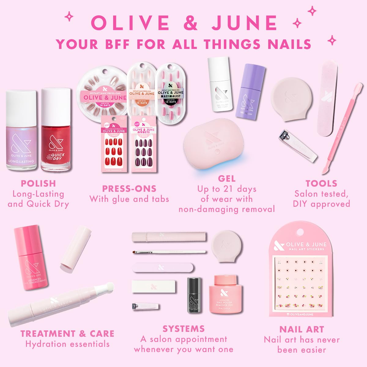 Olive &amp; June Instant Mani nails color designs variety for quick mood upgrades.