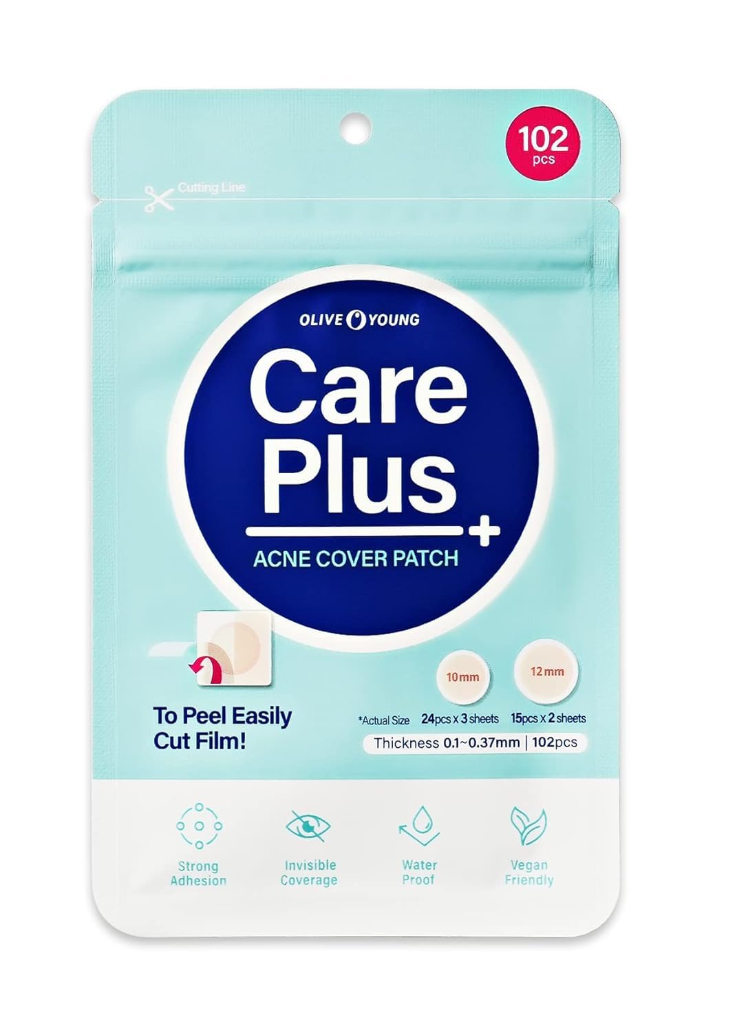OLIVE YOUNG Care Plus Spot Patch packaging showing 102 patches for discreet blemish coverage