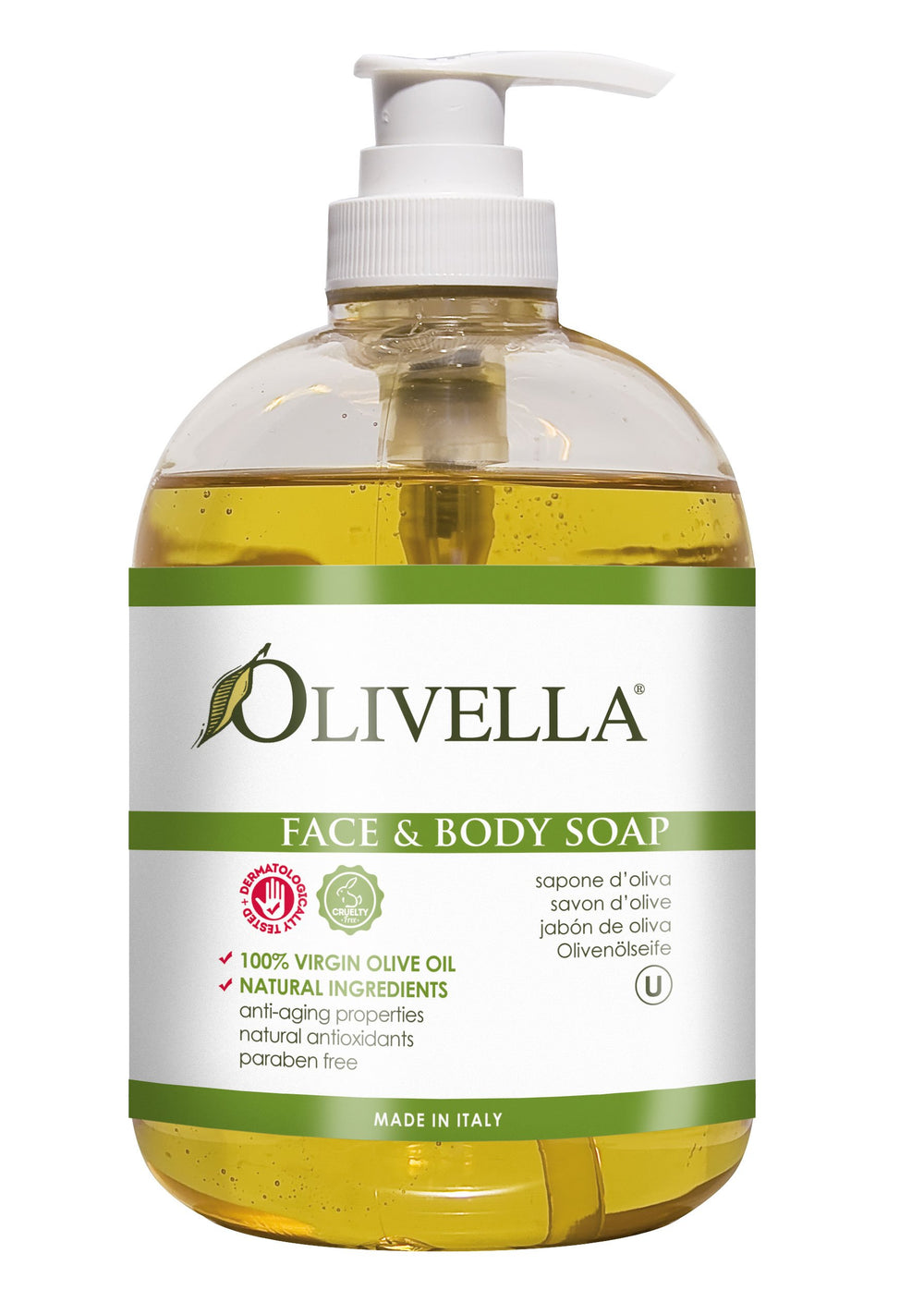 Olivella face and body soap pump bottle for gentle cleansing with olive oil antioxidants.