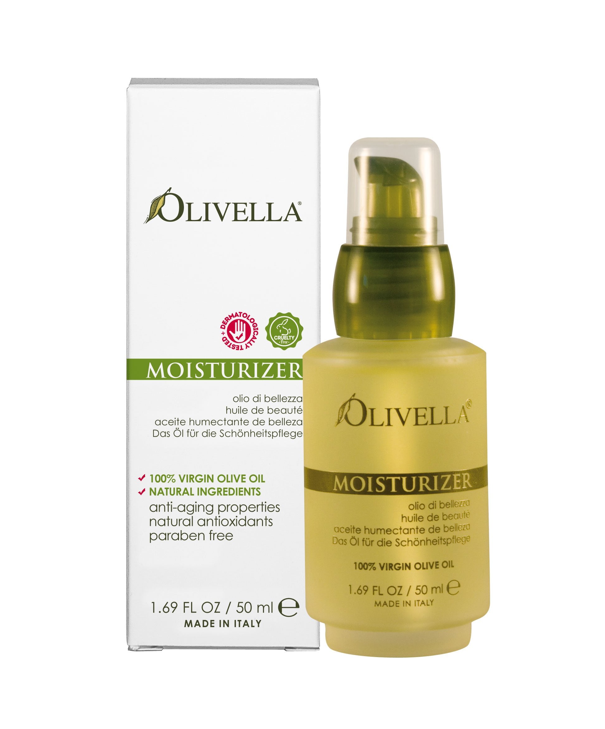 Olivella moisturizer jar front delivering all-skin hydration from natural olive oil.