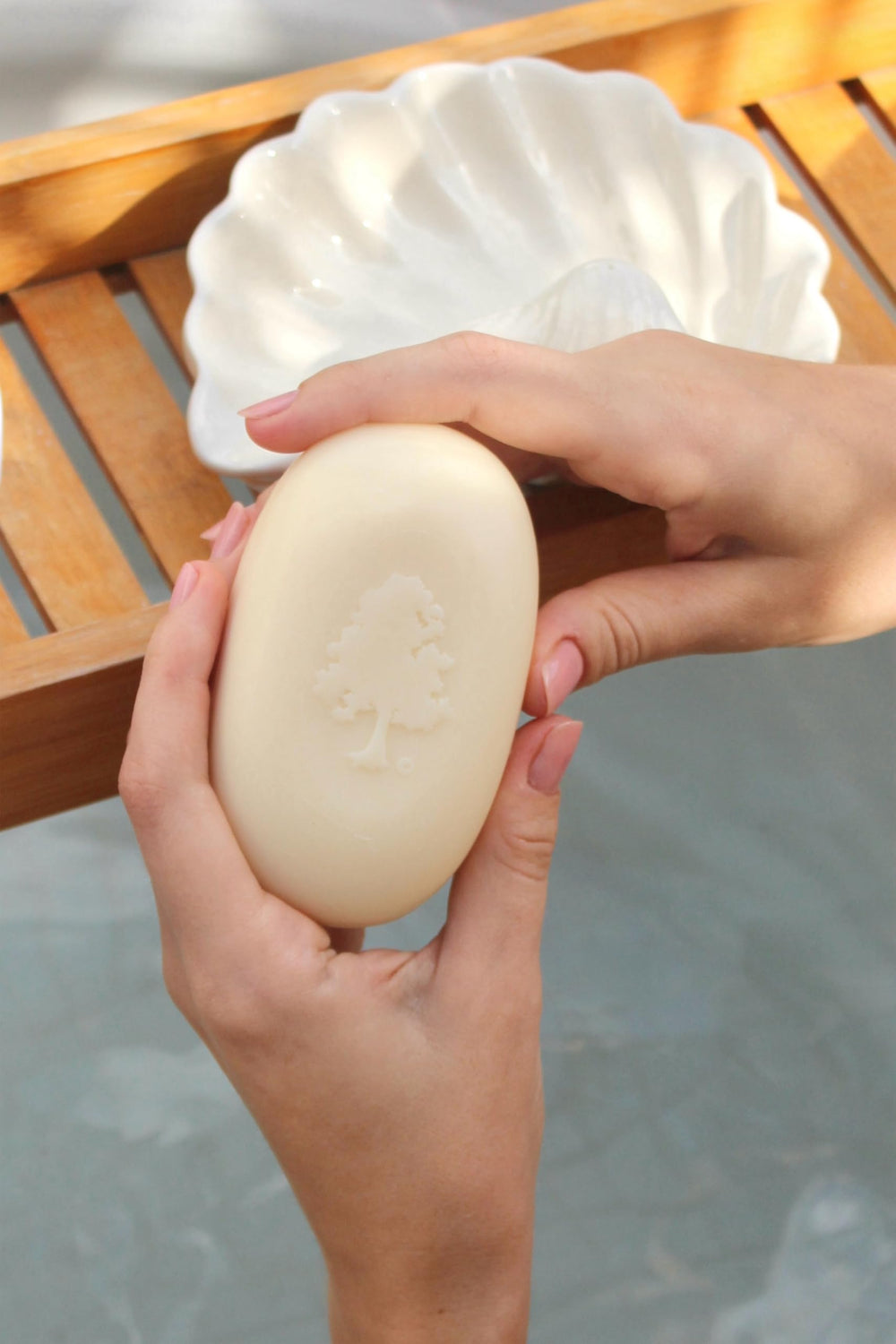 Olivia Care green tea soap bar close-up shows olive oil infusion for gentle cleansing