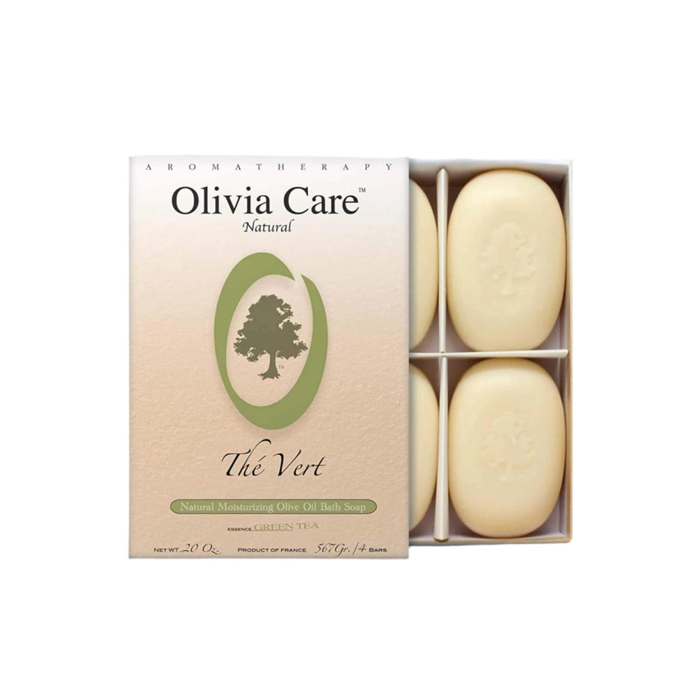 Olivia Care Green Tea Soap Gift Box close-up showing four oval bars for gentle cleansing and hydration