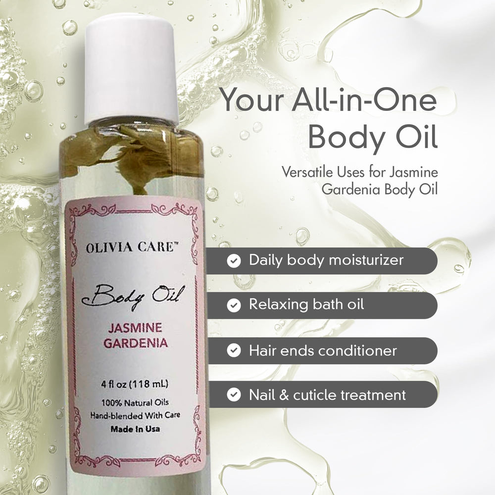 Olivia Care Jasmine Gardenia oil application on skin shows smooth, absorbed finish