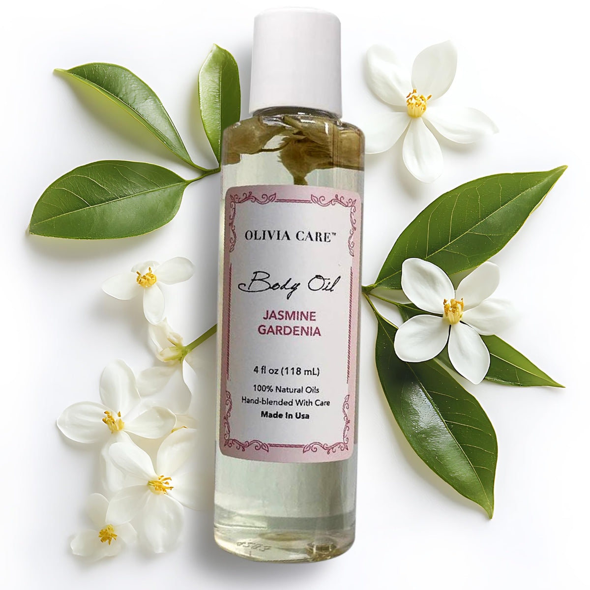Olivia Care Jasmine Gardenia bottle highlights daily moisturizing benefits