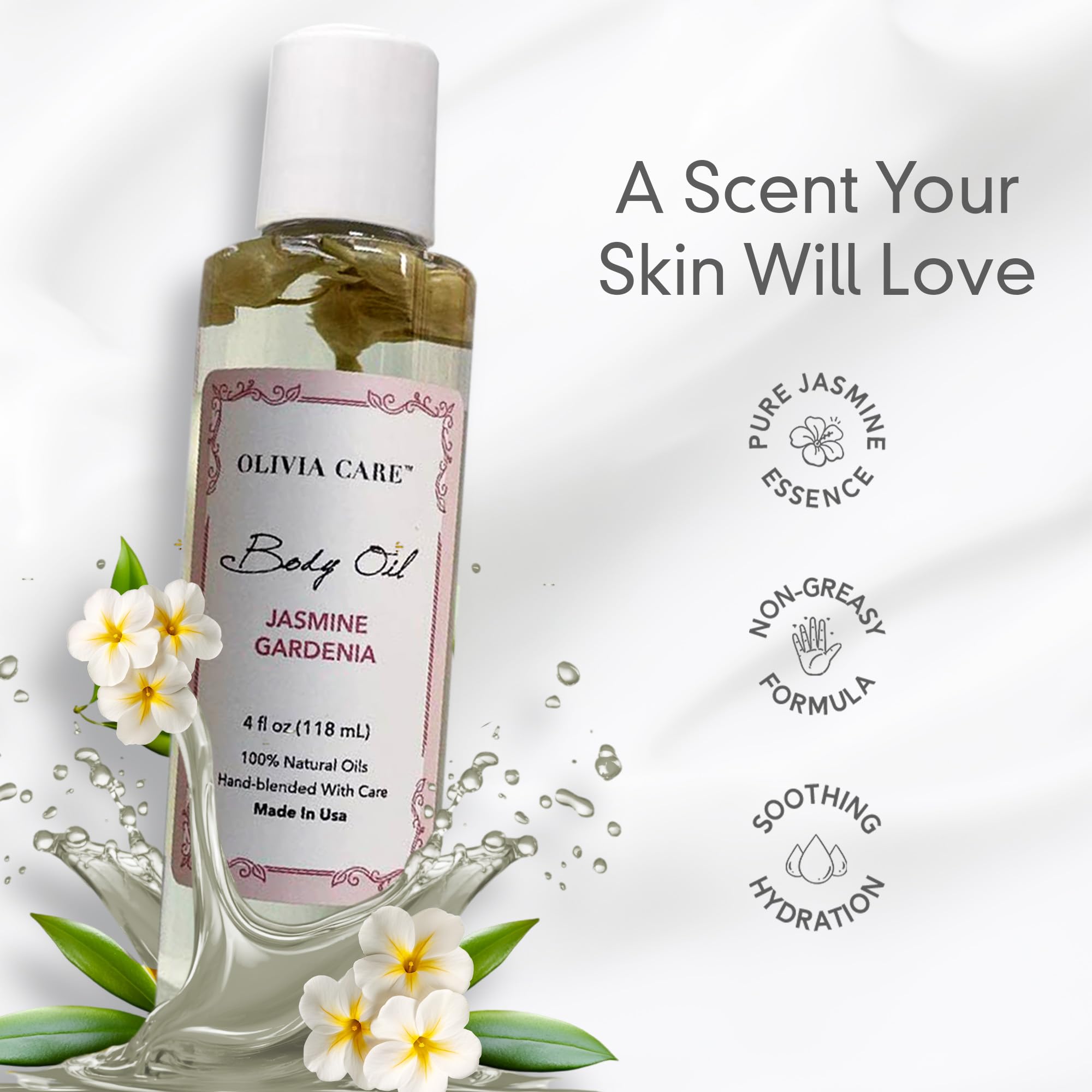 Olivia Care Jasmine Gardenia fragrance swirls evoke mood-enhancing aroma