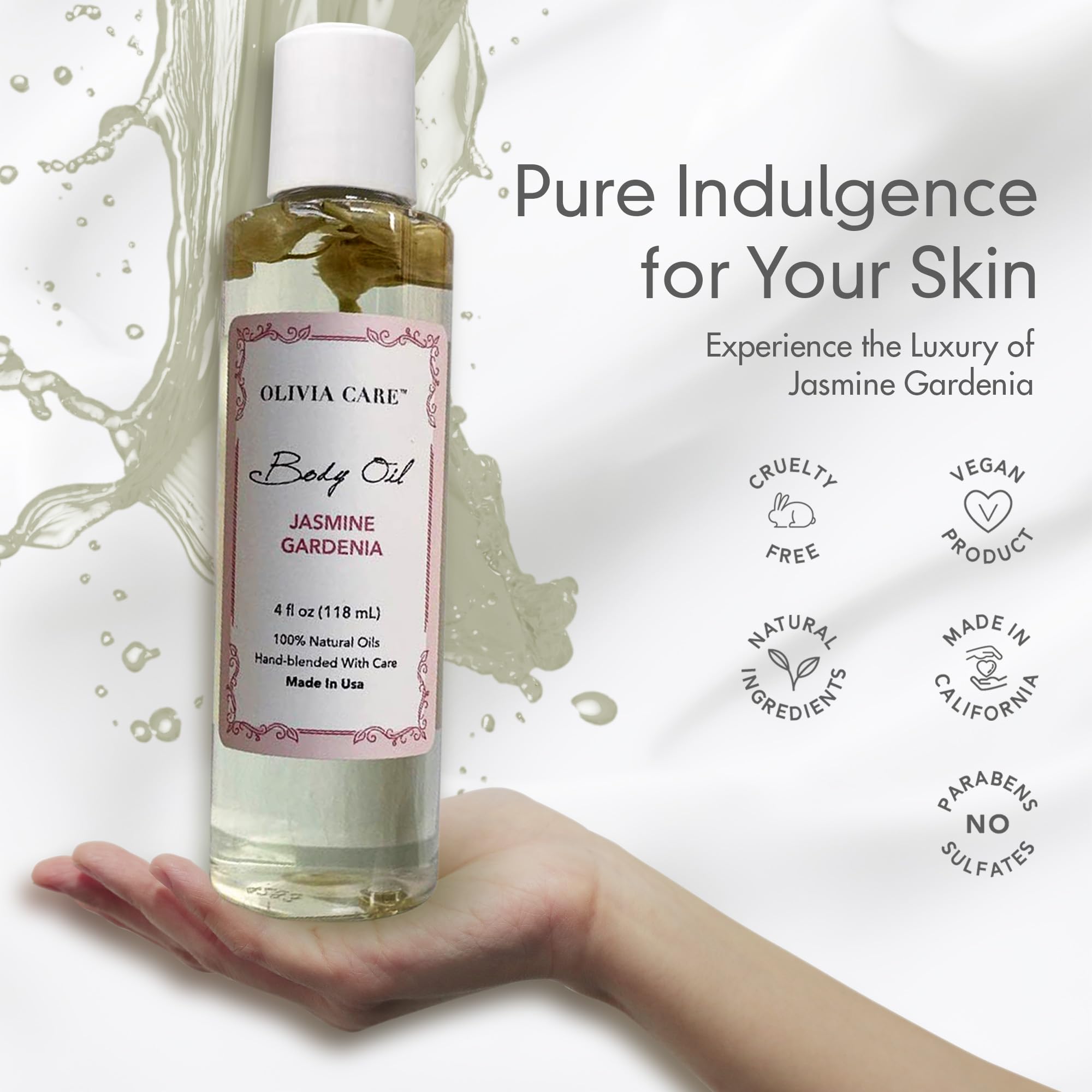 Olivia Care Jasmine Gardenia packaging signals cruelty-free, USA-made product