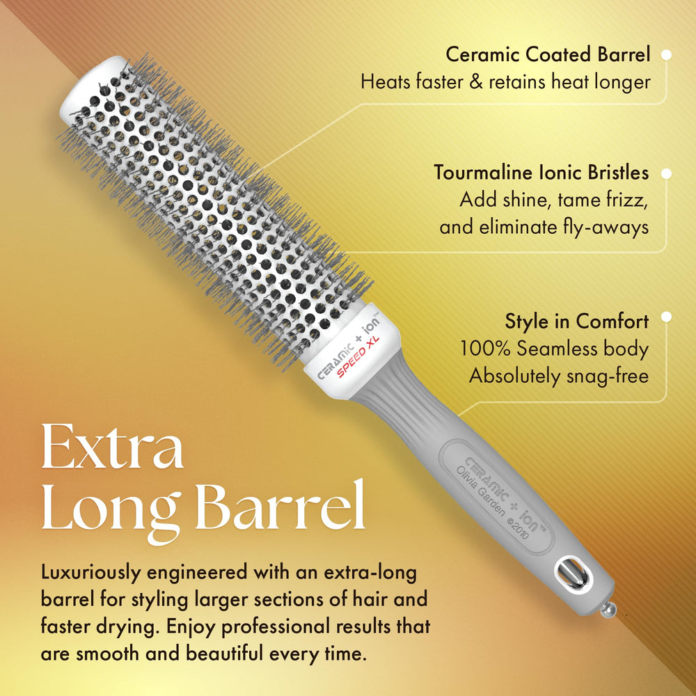 Olivia Garden Ceramic + Ion Speed XL soft-tip bristles gently smooth hair.