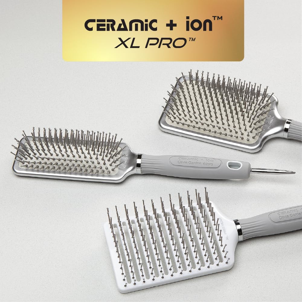 Olivia Garden Ceramic + Ion XL Pro brush in use for detangling and updos with even pressure.