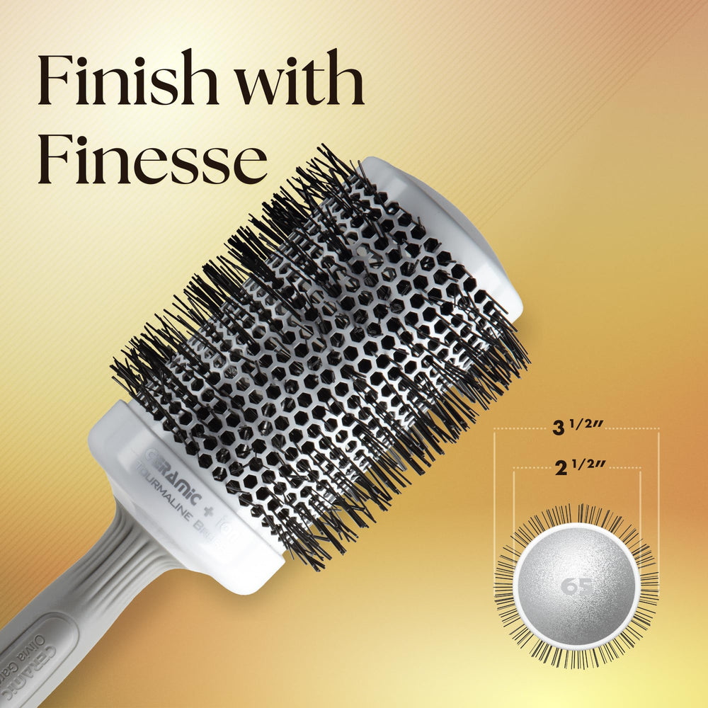 Olivia Garden CI-65 white and grey brush ready for professional salon blowouts.