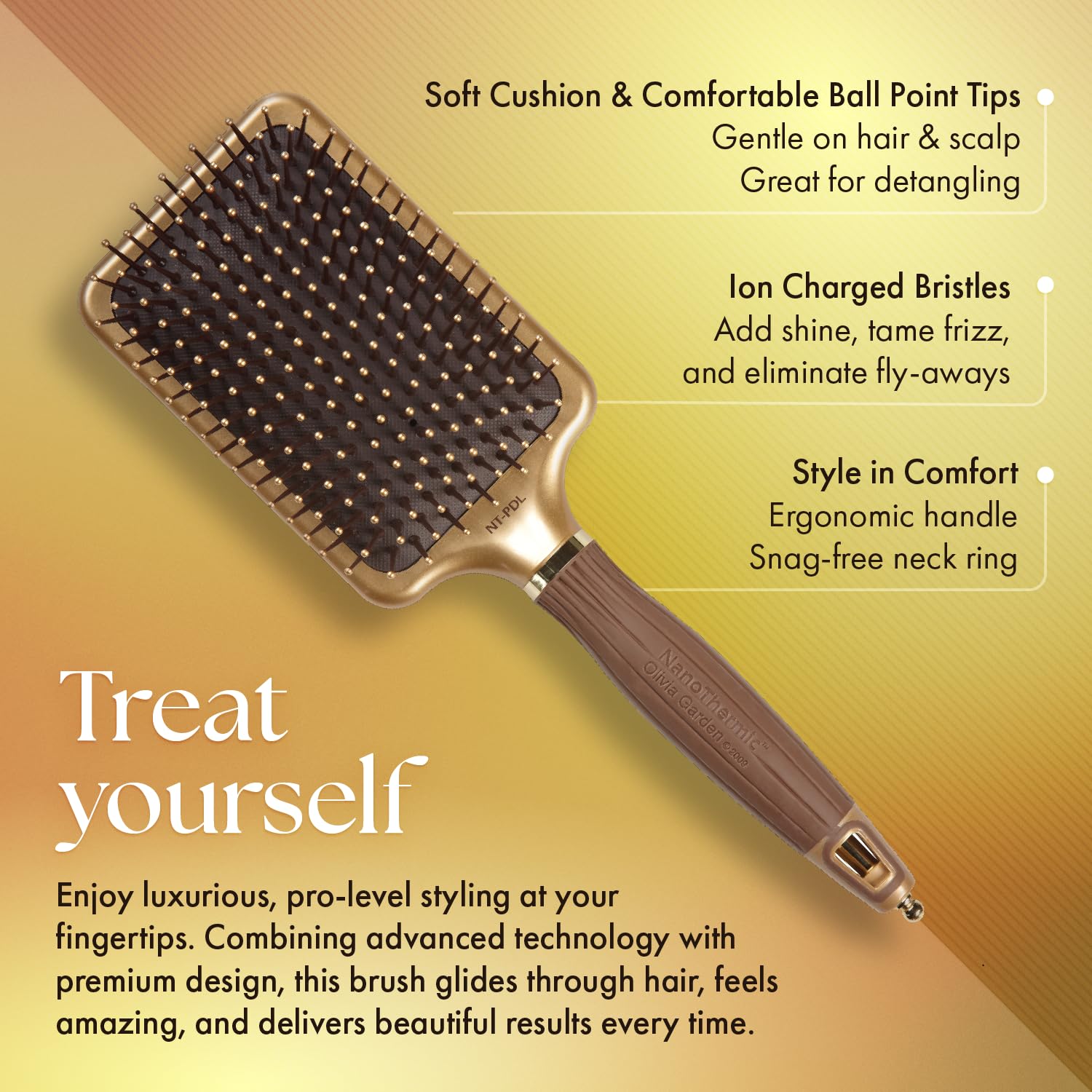 Olivia Garden NanoThermic paddle brush top view highlighting frizz-reducing ion technology.
