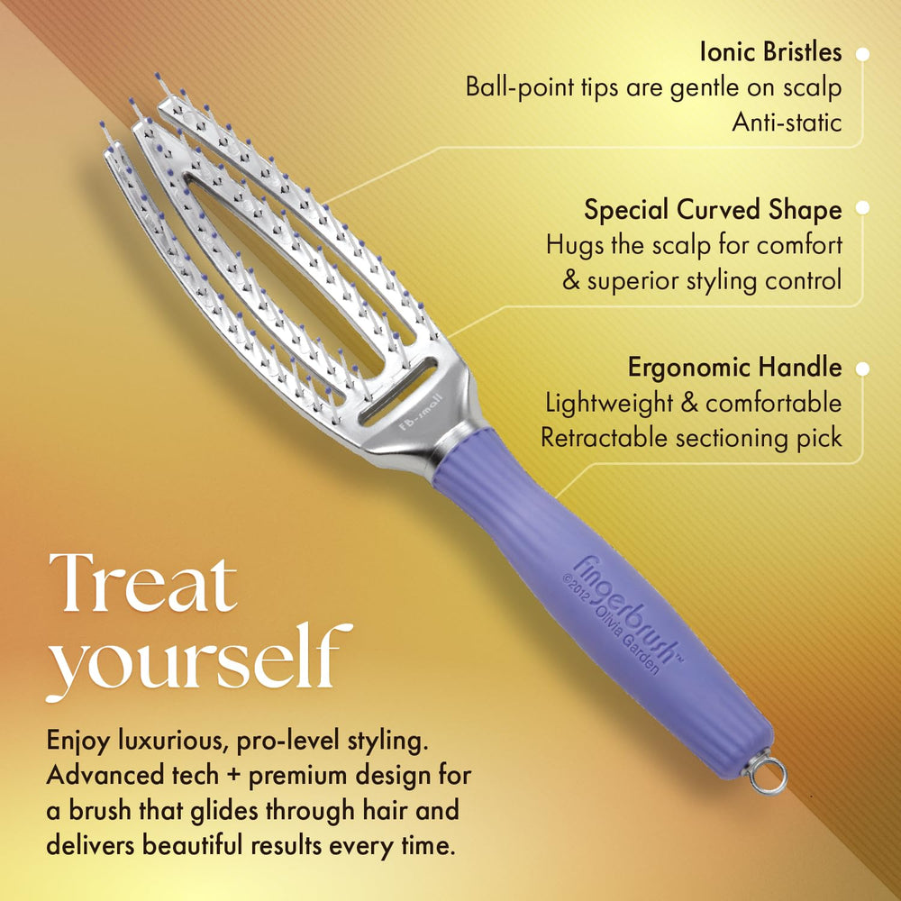 Olivia Garden scalp massage closeup on curved paddle brush during styling.