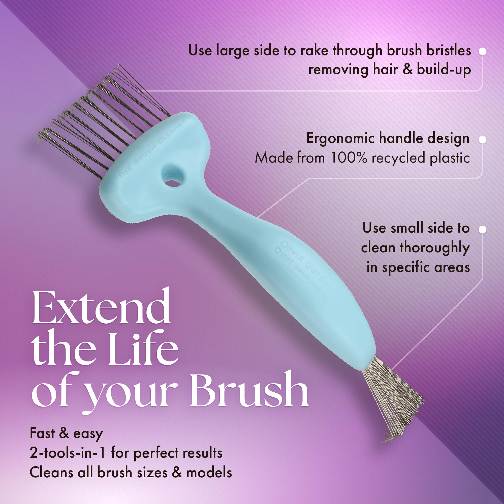 Olivia Garden The Brush Cleaner opened to reveal two tools for precise buildup removal.