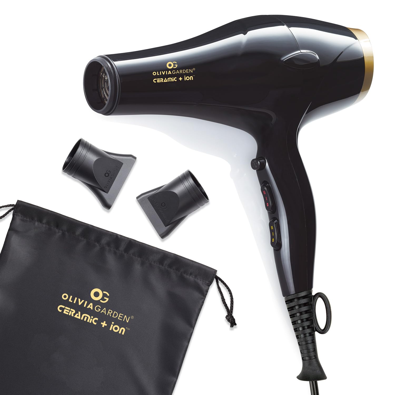 Olivia Garden 1875W ceramic ion hair dryer front view highlighting fast drying performance in black and gold