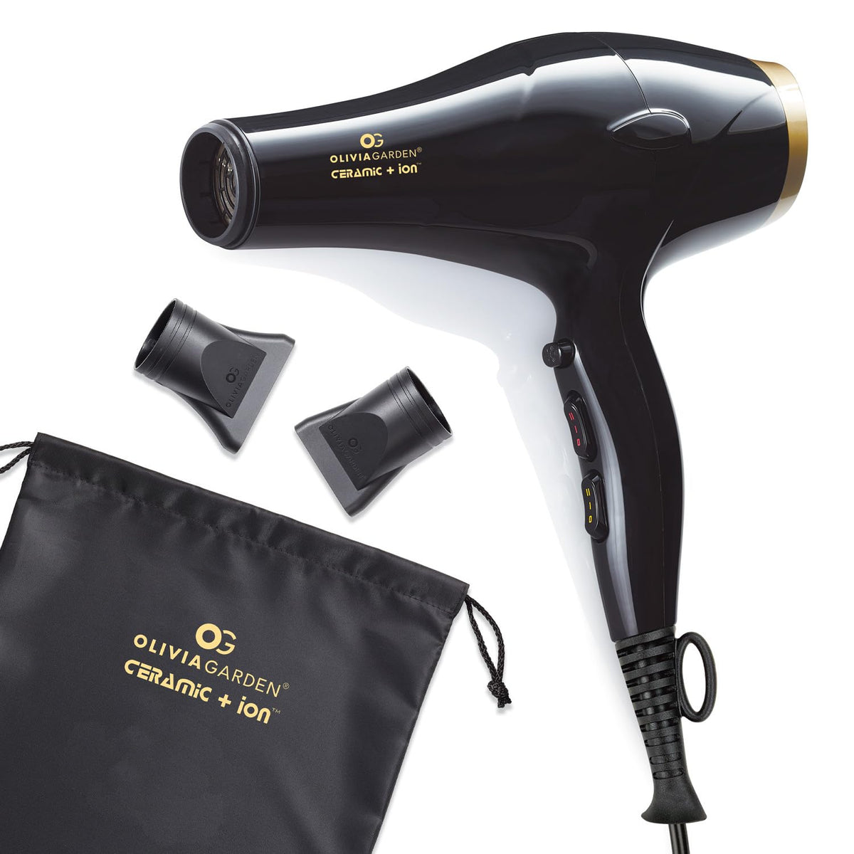 Olivia Garden 1875W ceramic ion hair dryer front view highlighting fast drying performance in black and gold