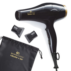 Olivia Garden 1875W ceramic ion hair dryer front view highlighting fast drying performance in black and gold