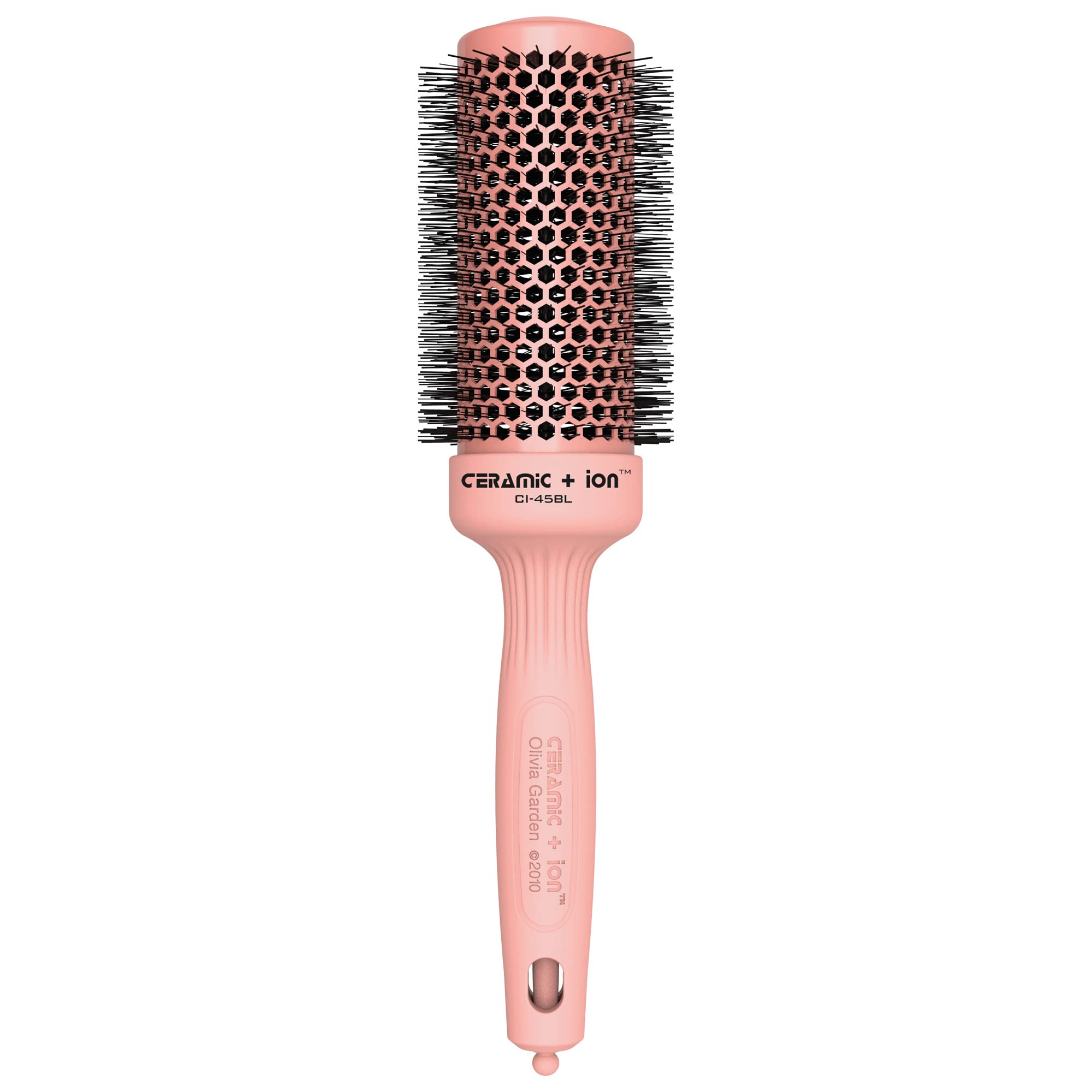 Olivia Garden Ceramic + Ion Round Brush pink with 1.75 inch barrel for quick, even blowouts.