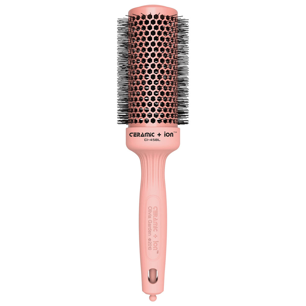 Olivia Garden Ceramic + Ion Round Brush pink with 1.75 inch barrel for quick, even blowouts.