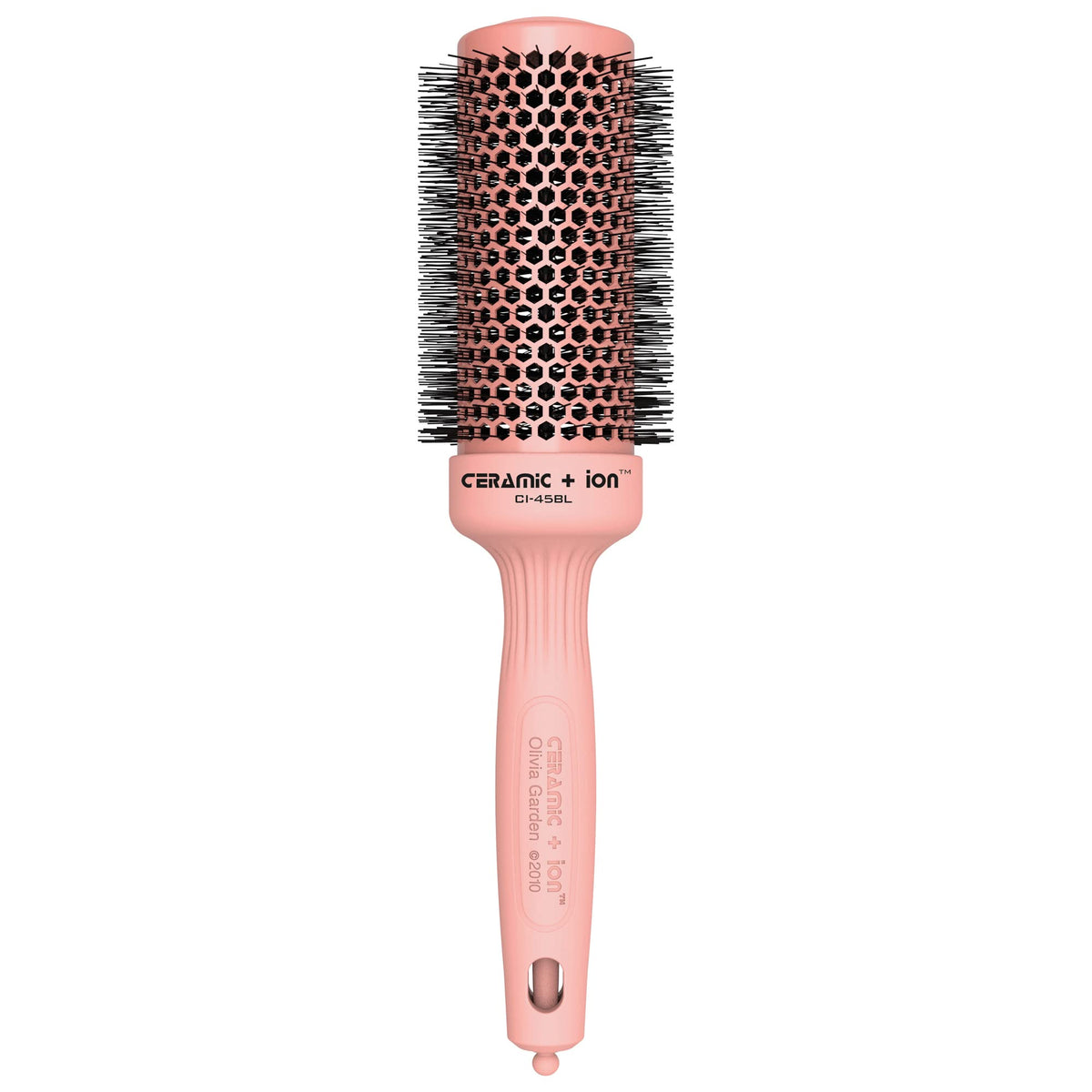 Olivia Garden Ceramic + Ion Round Brush pink with 1.75 inch barrel for quick, even blowouts.