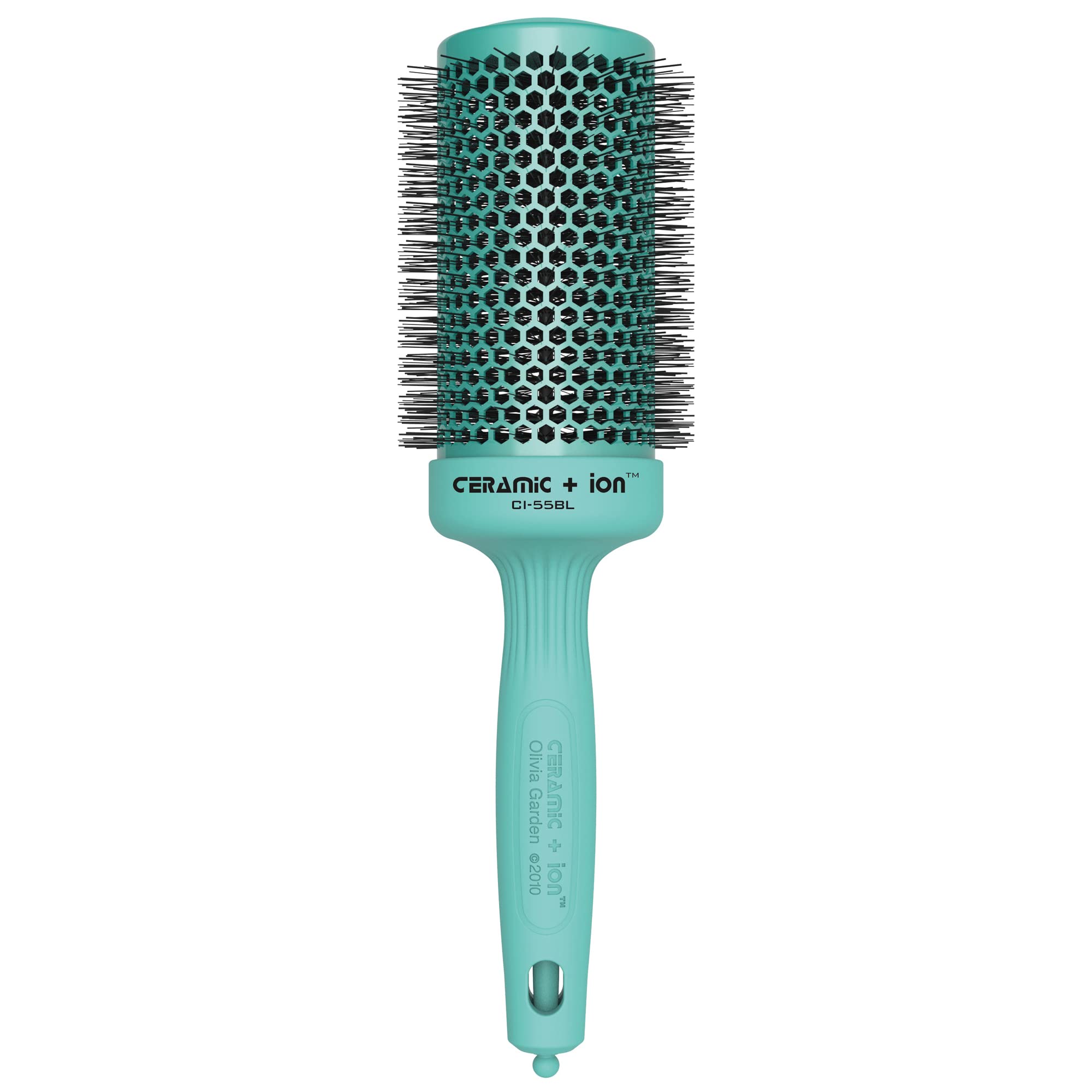 Olivia Garden ceramic ion round brush top view turquoise aids quick drying and salon-style finish.