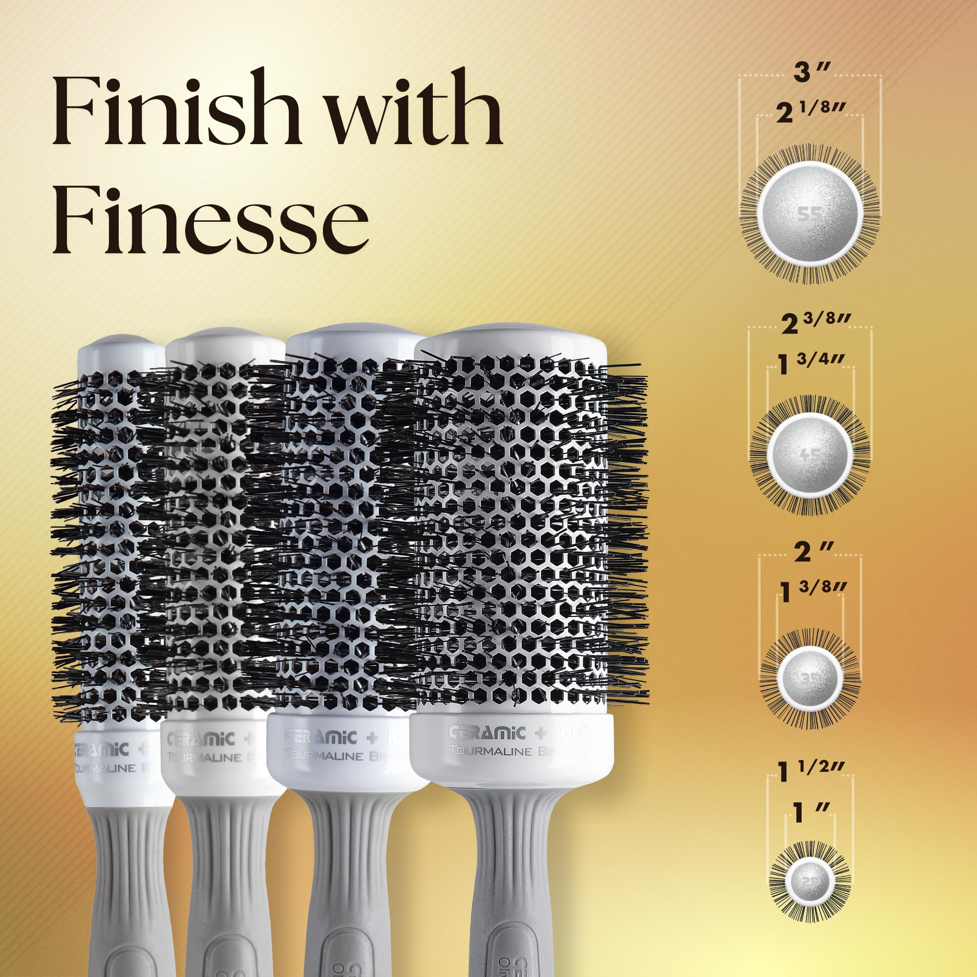 Olivia Garden CI-55 soft-tip bristles shown for gentle scalp contact and frizz control.