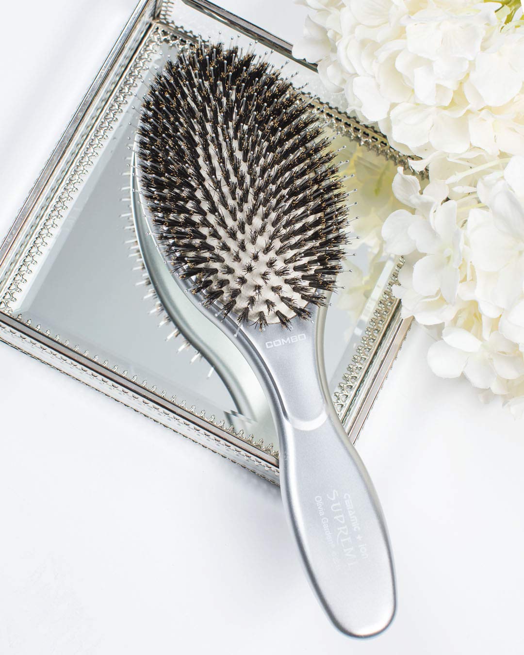 Olivia Garden Ceramic Ion Supreme Paddle Brush bristles detail highlights boar and ionic mix for shine.