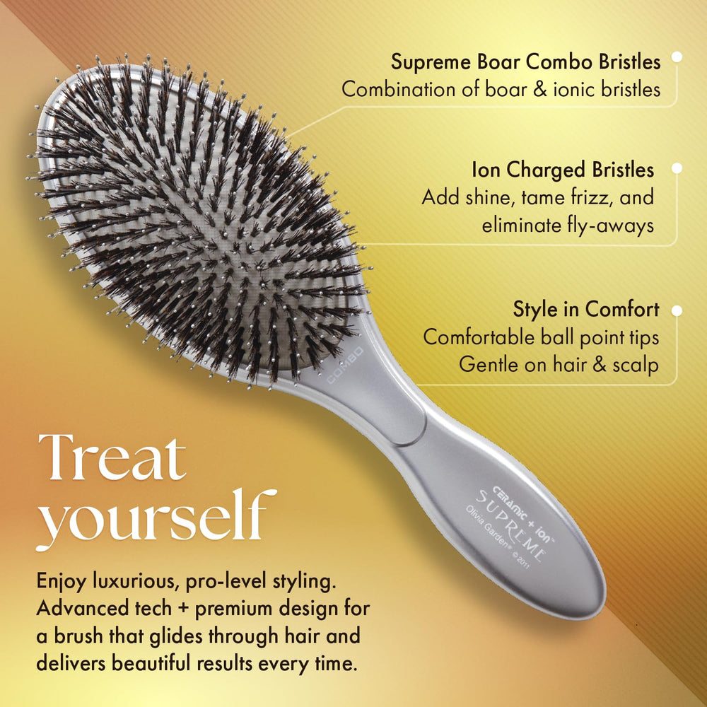 Olivia Garden Ceramic Ion Supreme Paddle Brush close-up shows soft cushion and flexible bristles for snag-free brushing.