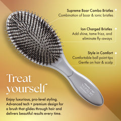 Olivia Garden Ceramic Ion Supreme Paddle Brush close-up shows soft cushion and flexible bristles for snag-free brushing.