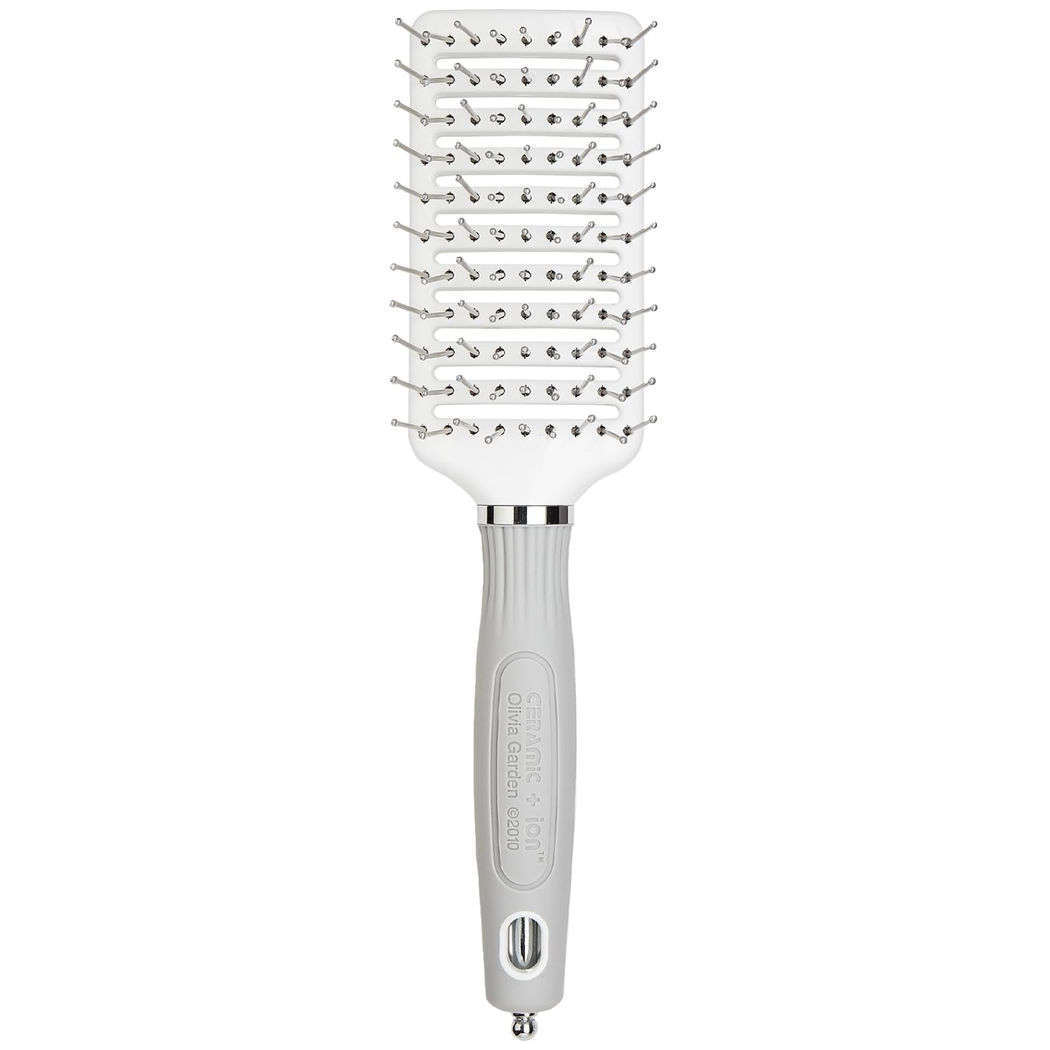 Olivia Garden Ceramic and Ion Turbo Vent Pro brush close-up highlights ceramic coating for smooth styling.