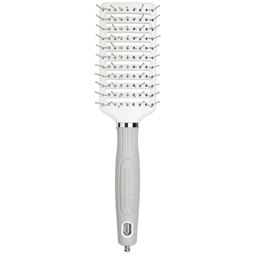 Olivia Garden Ceramic and Ion Turbo Vent Pro brush close-up highlights ceramic coating for smooth styling.
