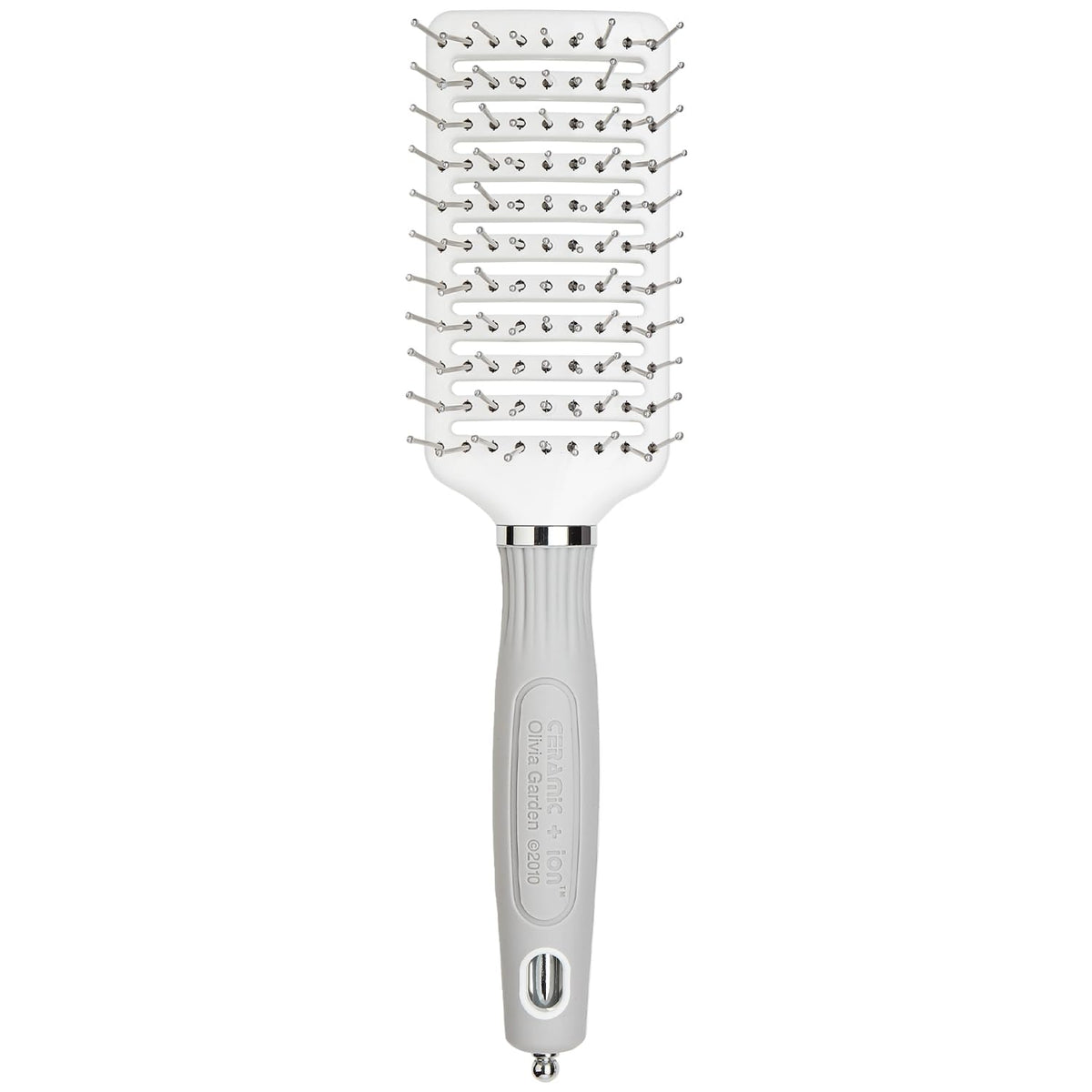 Olivia Garden Ceramic and Ion Turbo Vent Pro brush close-up highlights ceramic coating for smooth styling.