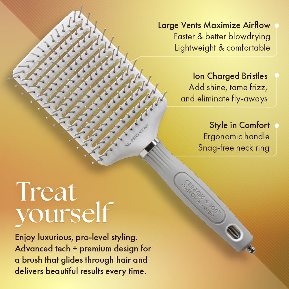 Olivia Garden Ceramic + Ion XL Pro Paddle Brush in use during blow-dry with airflow
