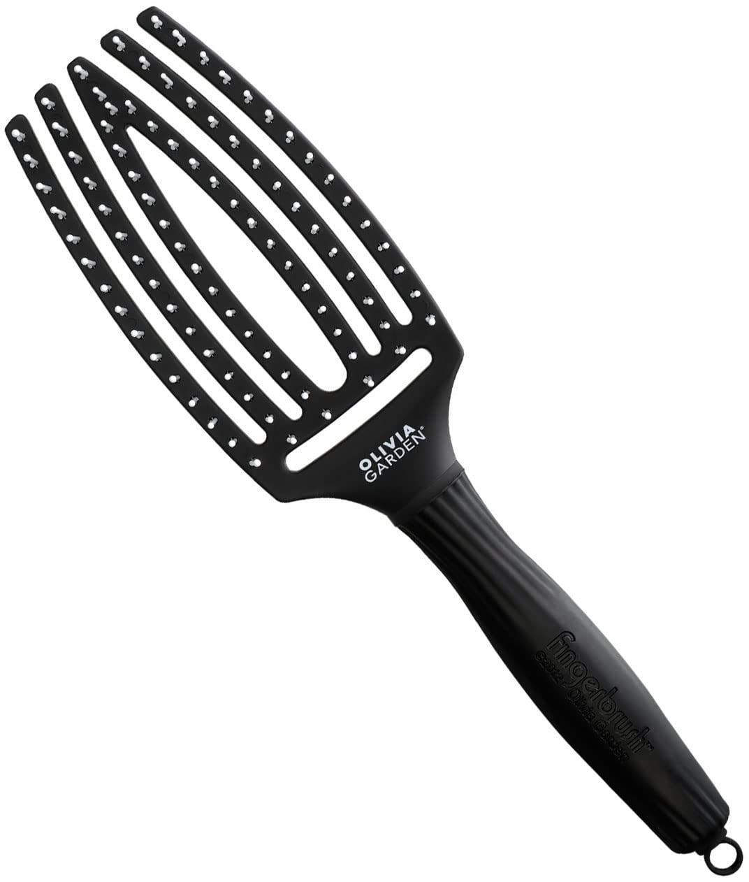 Olivia Garden Fingerbrush ionised nylon bristles reduce static for smoother styling.