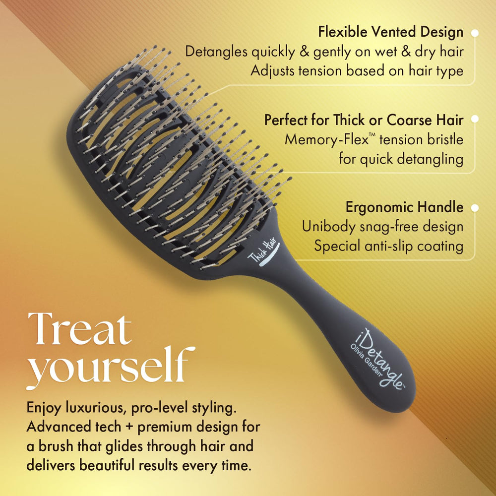 Olivia Garden iDetangle brush tension adjustment adapts to hair type for hair-smoothing results.