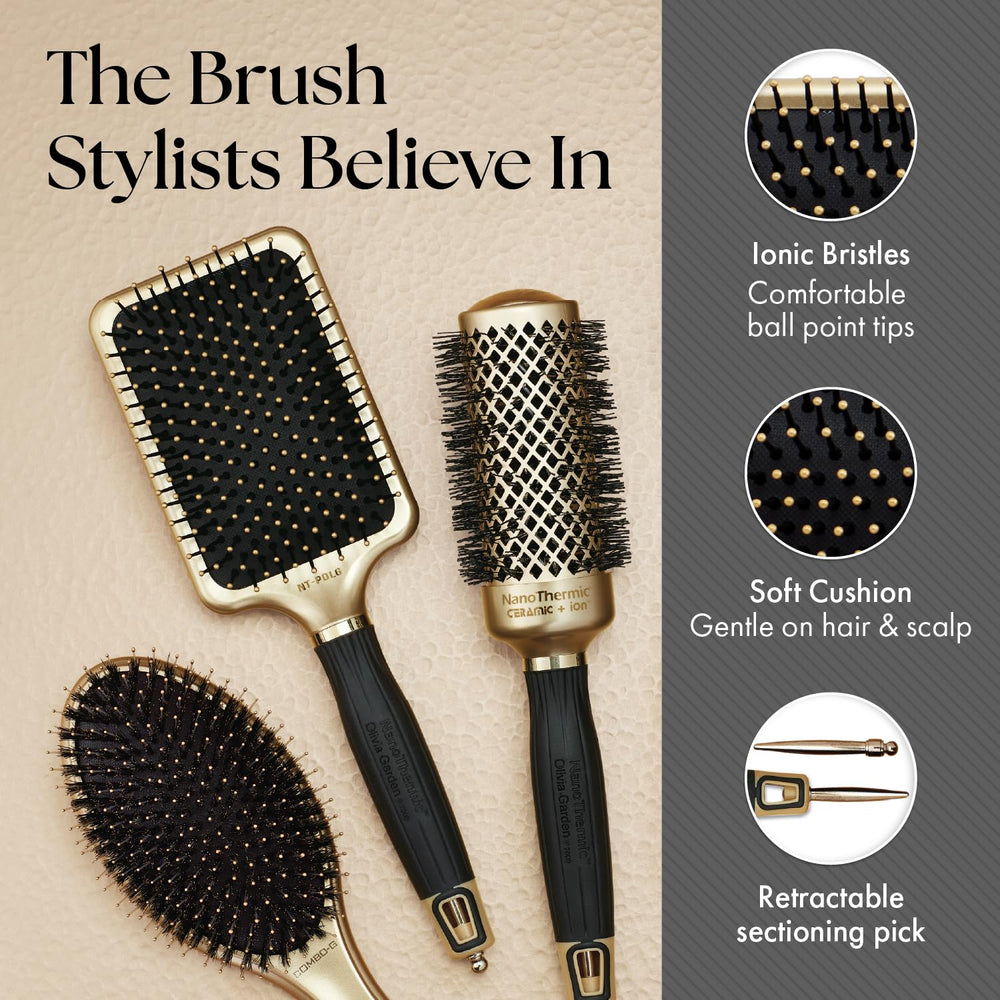 Olivia Garden NanoThermic brush retractable pick demonstrates quick hair sectioning for faster styling.