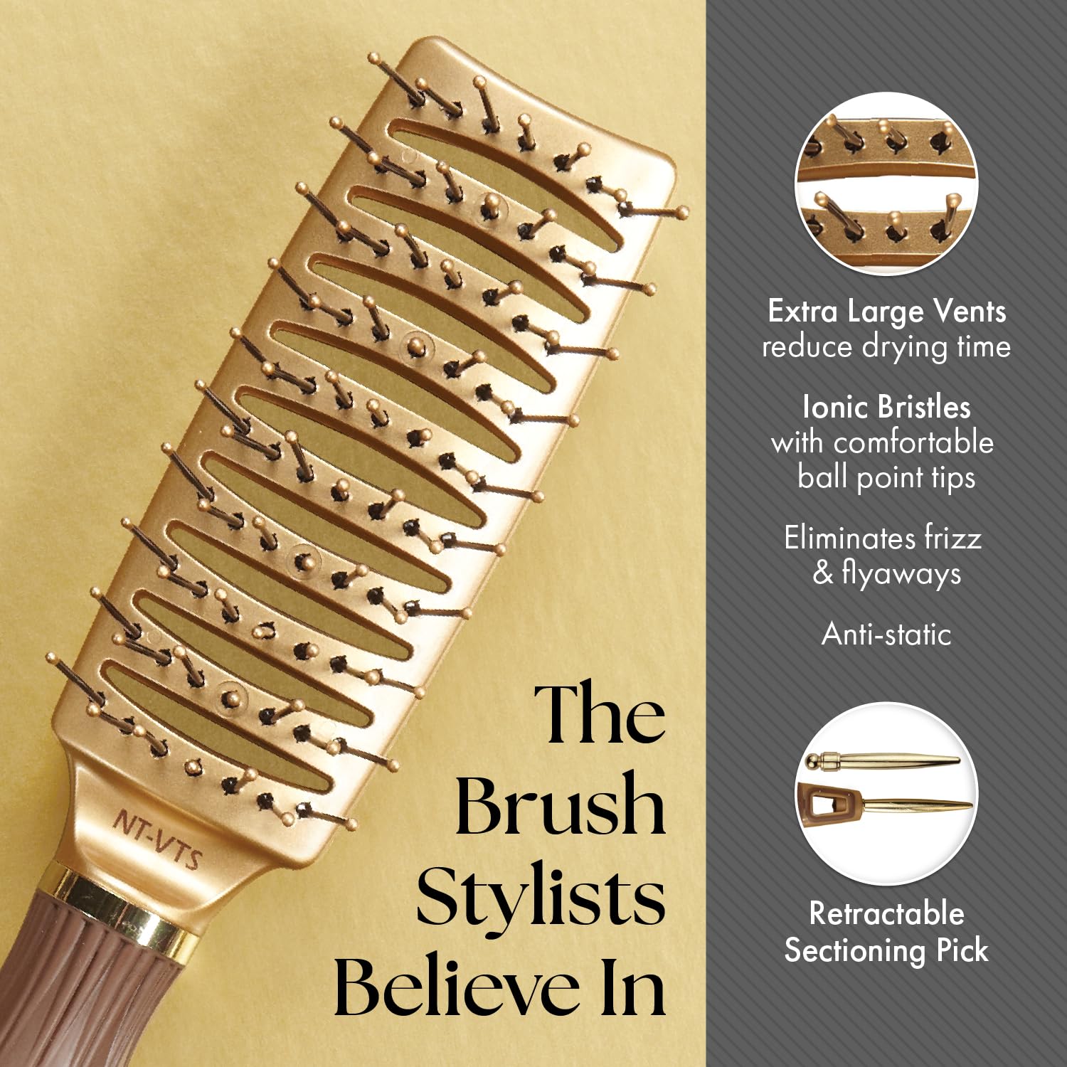 Olivia Garden NT-VTS vent brush vented design promotes faster drying and airflow.
