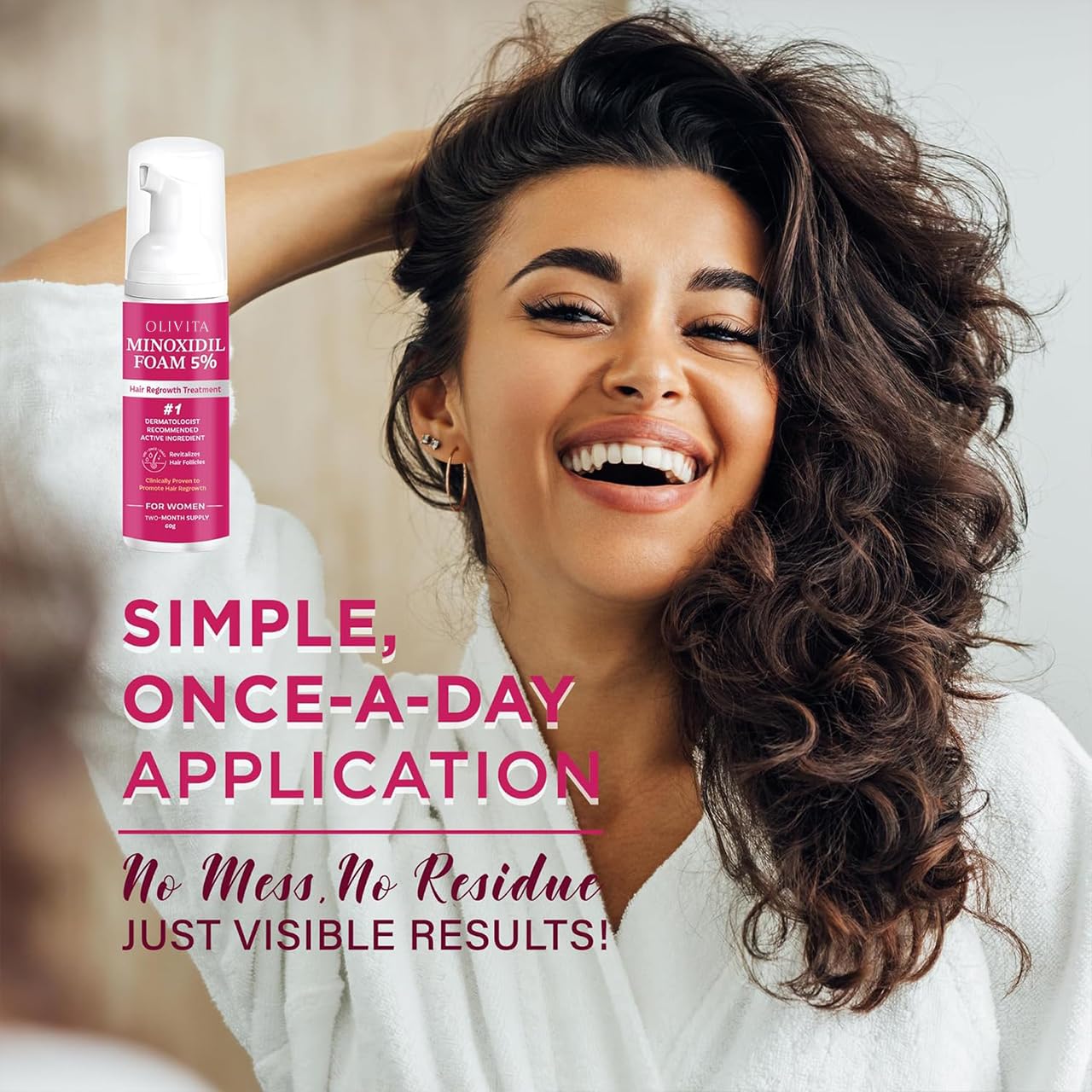 OLIVITA minoxidil foam dispensing action highlighting quick-absorption for a mess-free routine.