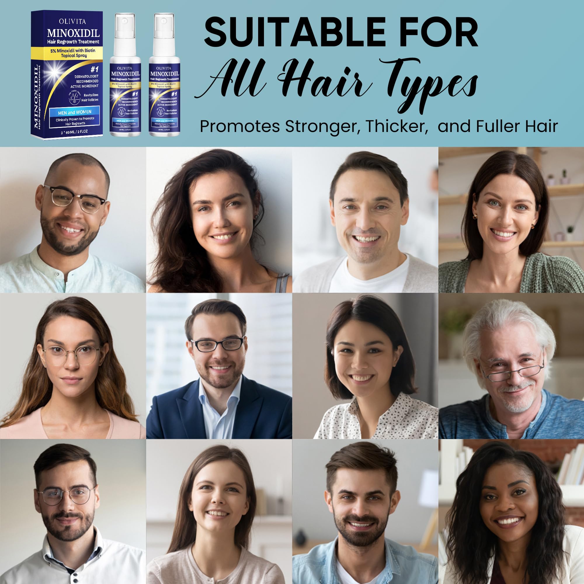 OLIVITA minoxidil 12-week timeline with thinning areas in focus.