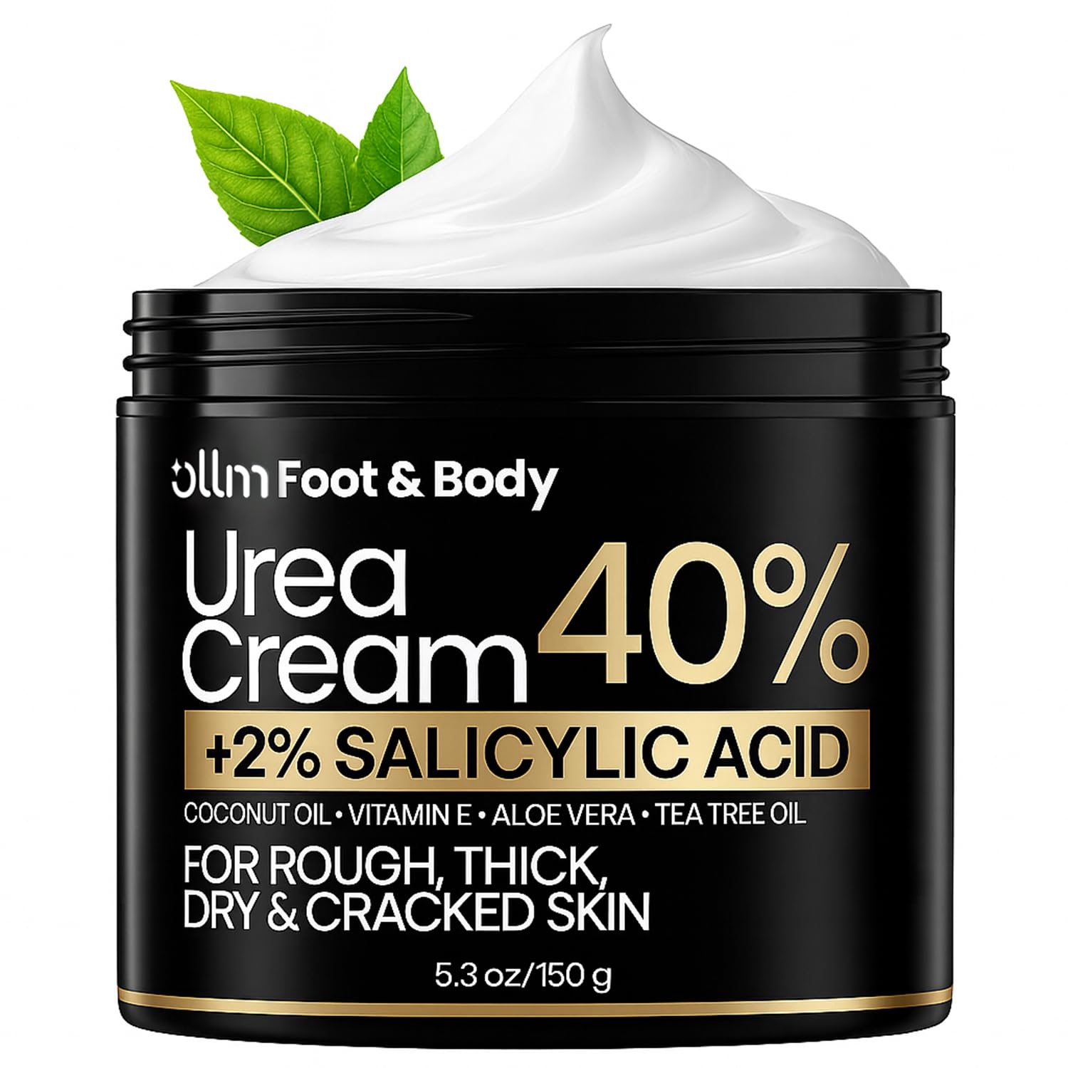 OLL M Urea Cream 40% bottle pour demonstrating rich hydration for dry feet