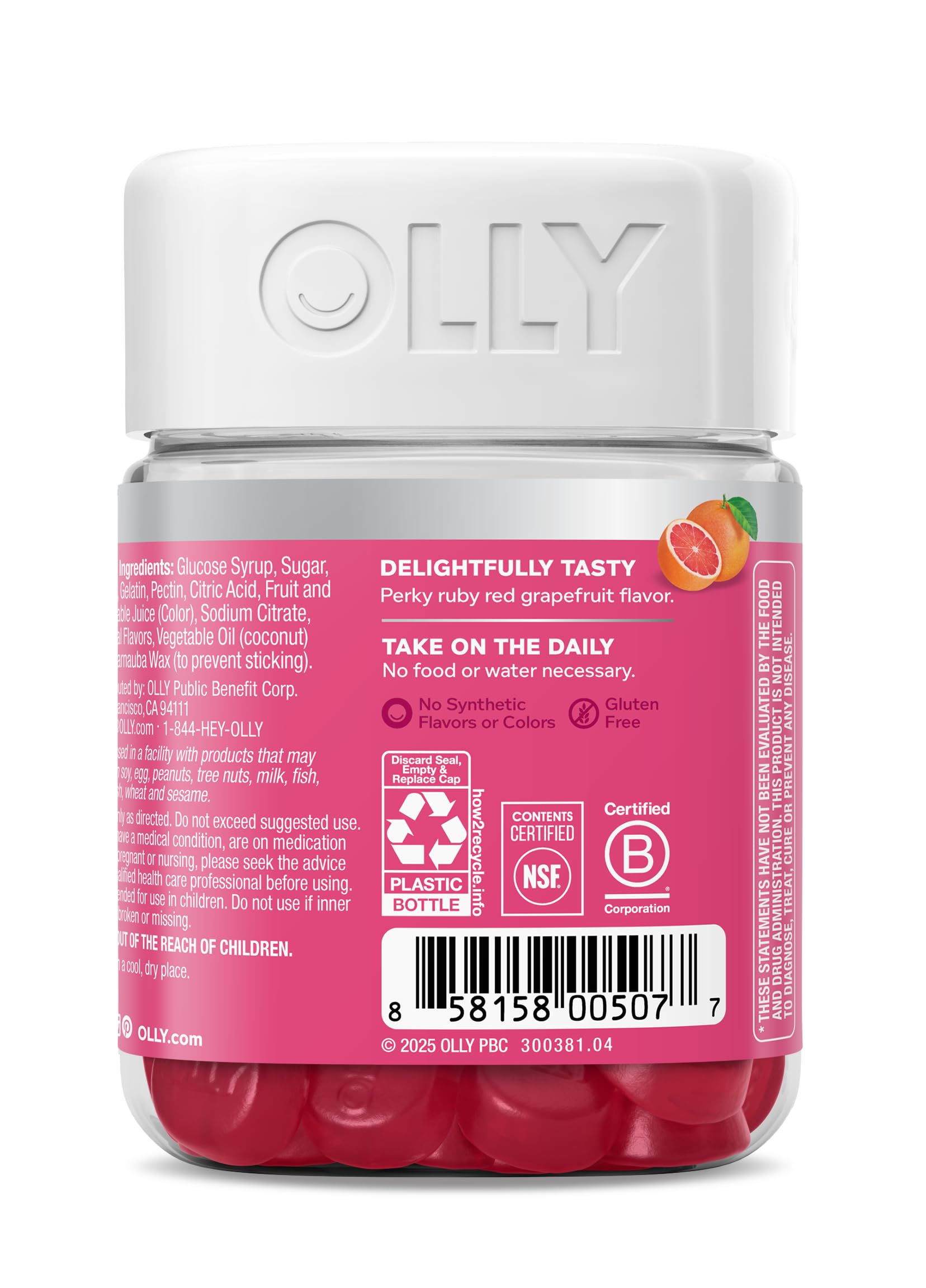 OLLY bottle open with gummies spilling showing accessibility and portion size