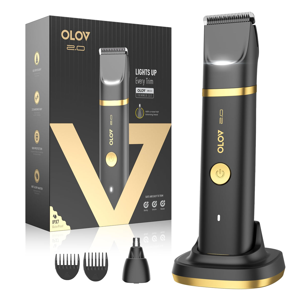 Olov 2.0 groin-trimmer LED light enables precise grooming in tight areas.