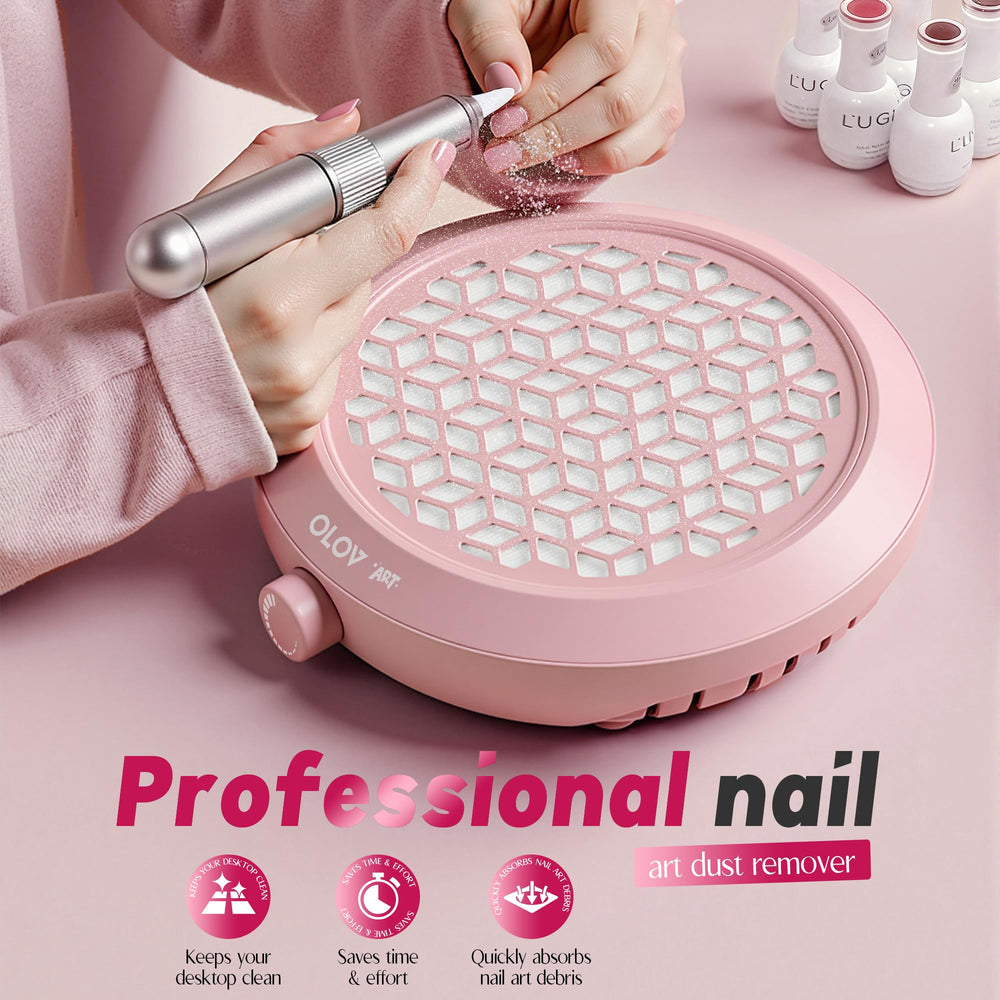 Olov Art Nail Dust Collector in use during acrylic polishing captures dust efficiently.