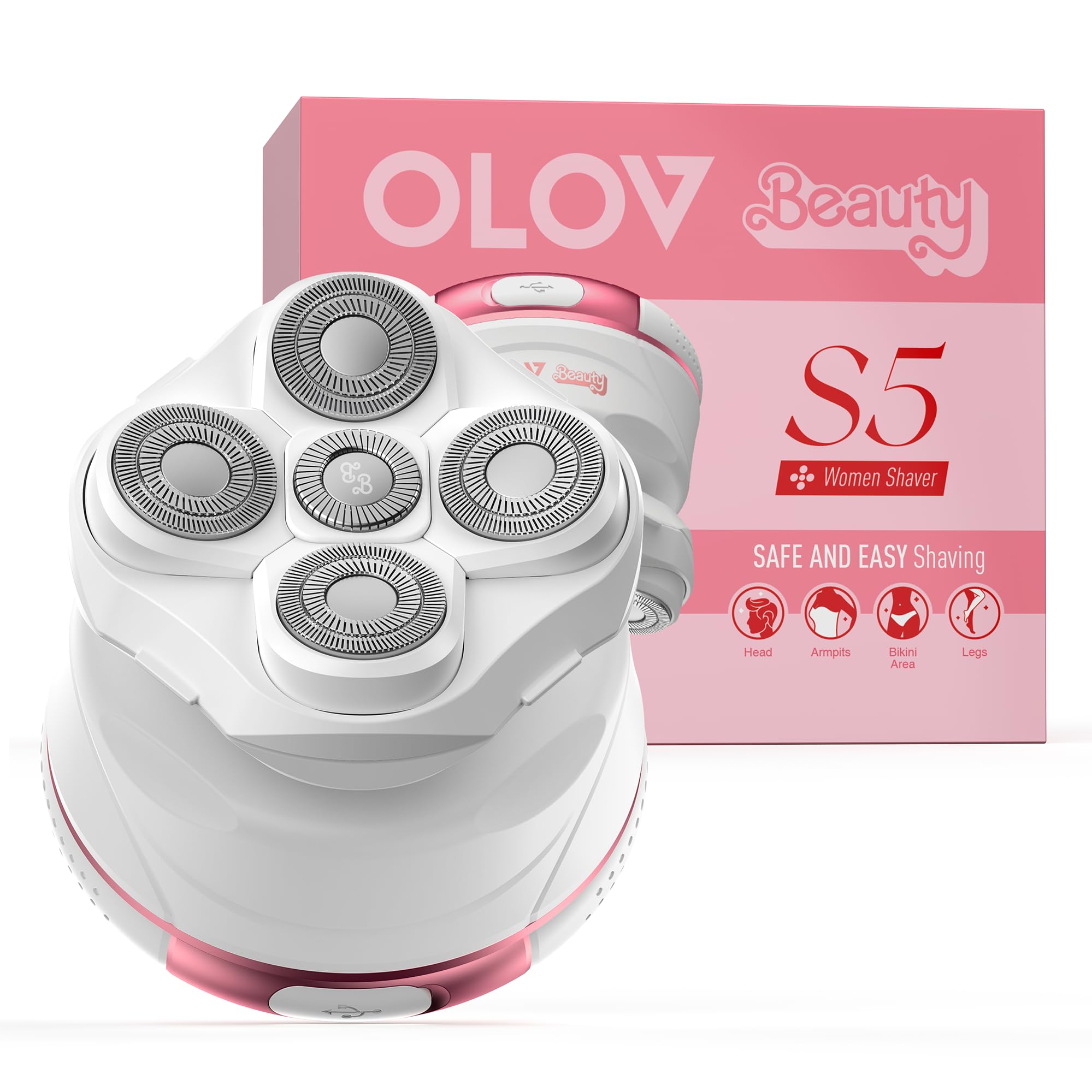 OLOV Beauty 5-in-1 razor head close-up shows gentle shaving capability for sensitive areas.