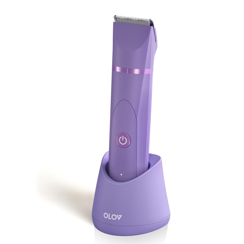 OLOV Electric Body Hair Trimmer front view in bright purple for precise below-the-waist grooming