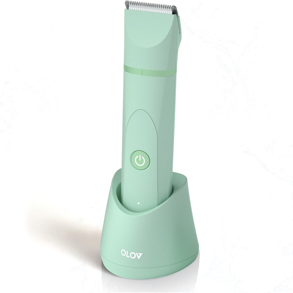 OLOV electric body hair trimmer green front view for precise below-the-waist grooming.