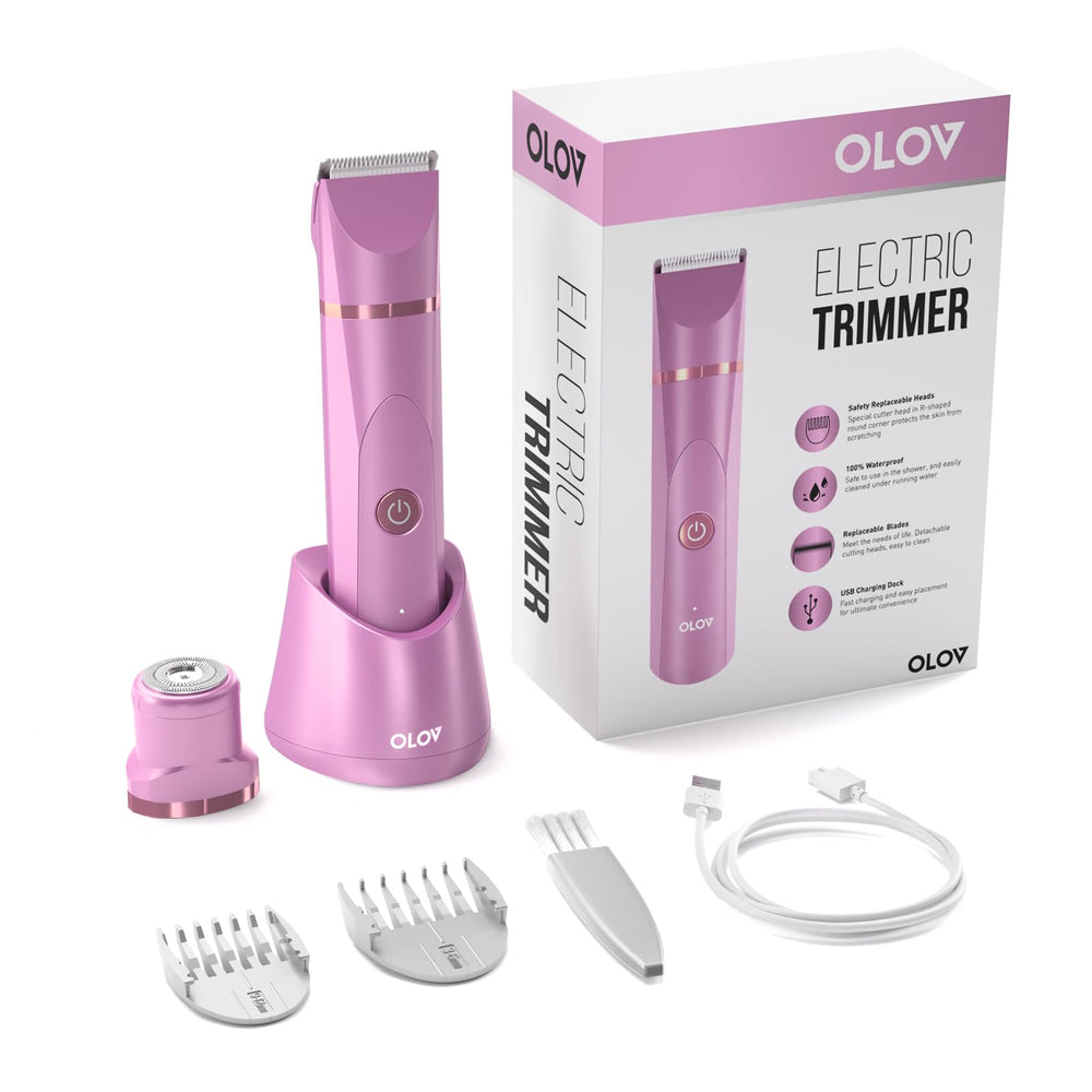 OLOV groin trimmer in shower use shows waterproof design for easy cleanup.