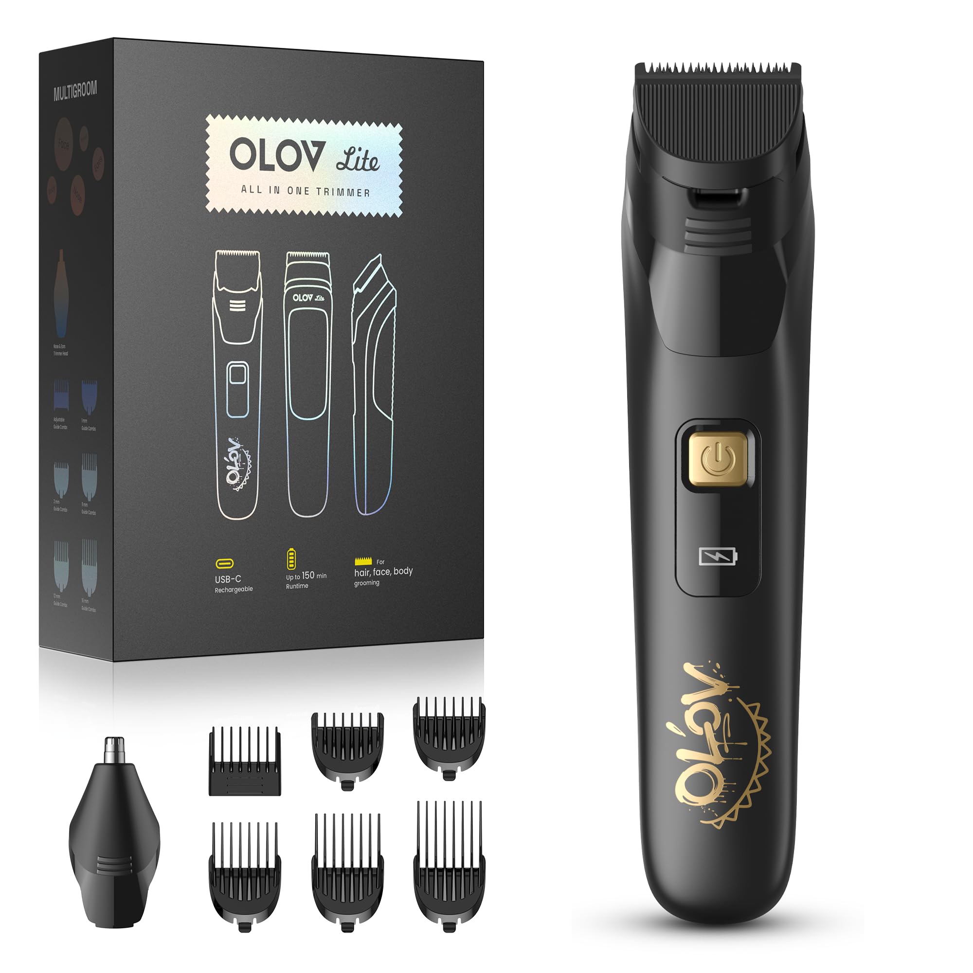 OLOV LITE beard trimmer with six guide combs for precise shaping.